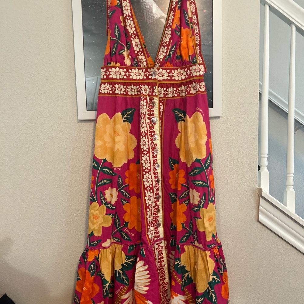 FARM Rio Red, Pink and Orange Plunge Neck Shoulder-Ties Maxi Dress L NWT